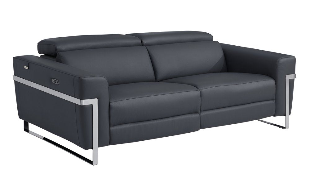 83" Beige Italian Leather USB Reclining Sofa With Silver Legs