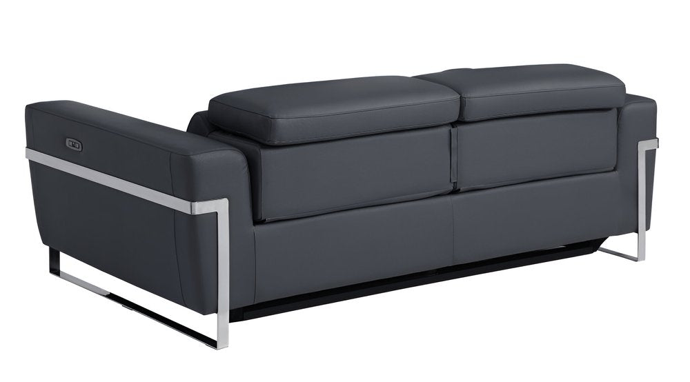 83" Beige Italian Leather USB Reclining Sofa With Silver Legs