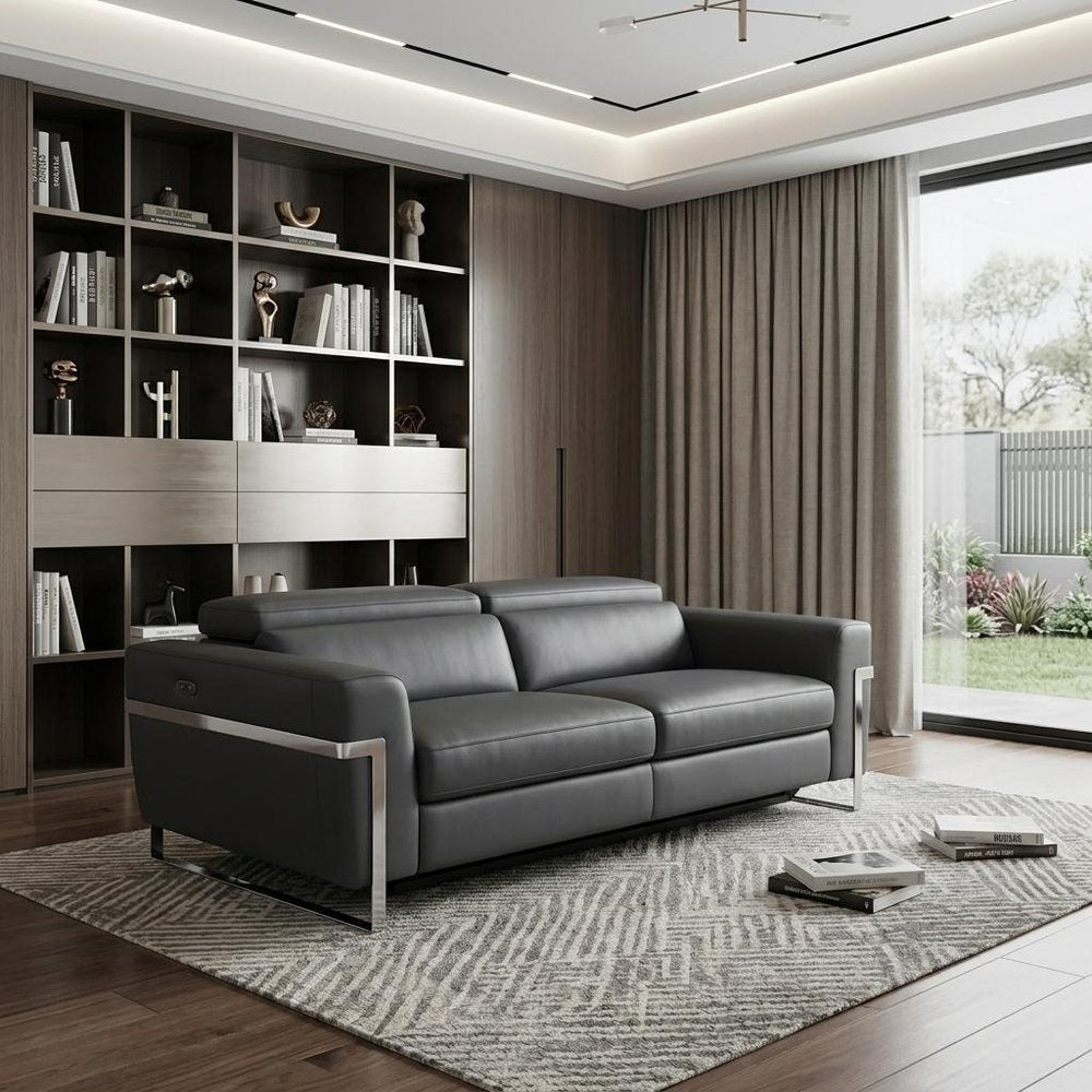 83" Beige Italian Leather USB Reclining Sofa With Silver Legs - SKU 482205 in a home interior