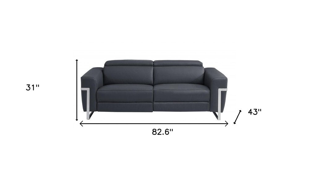 83" Beige Italian Leather USB Reclining Sofa With Silver Legs