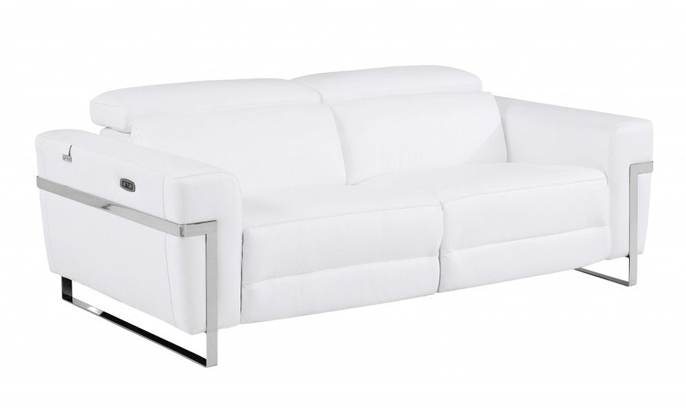 83" Beige Italian Leather USB Reclining Sofa With Silver Legs