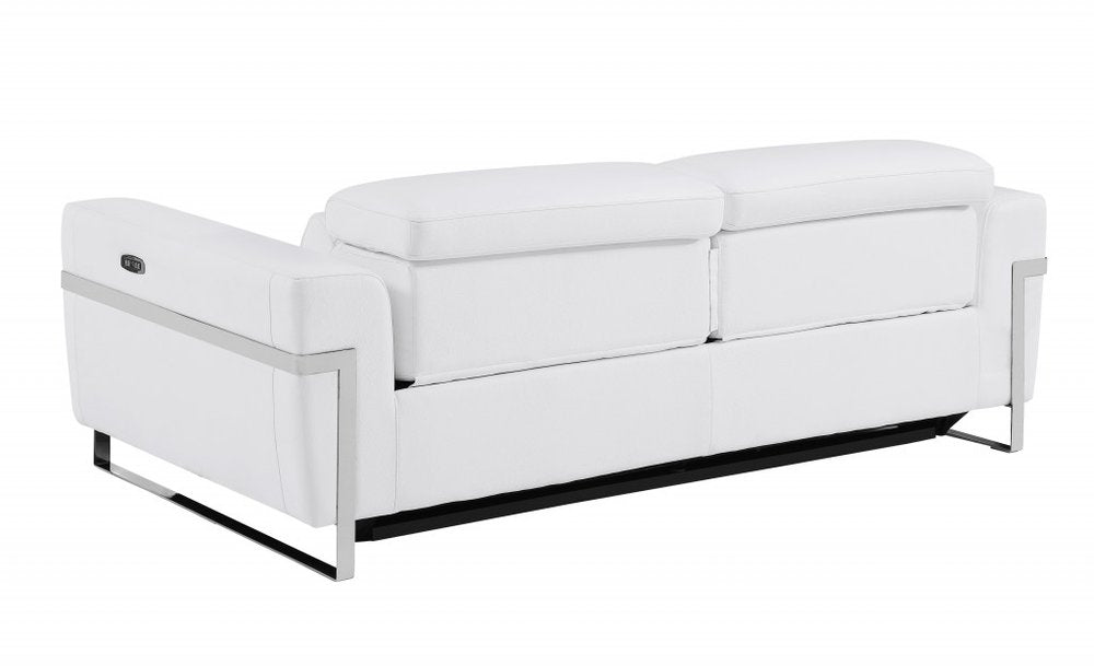 83" Beige Italian Leather USB Reclining Sofa With Silver Legs