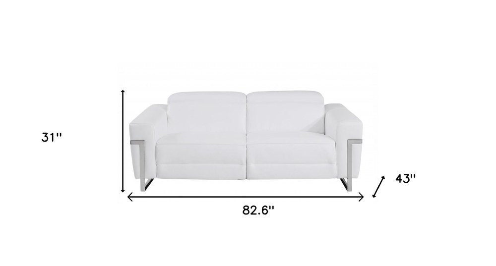 83" Beige Italian Leather USB Reclining Sofa With Silver Legs