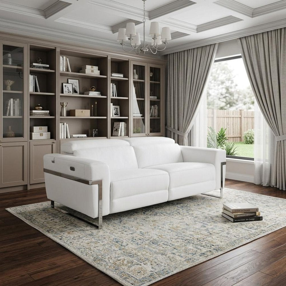 83" Beige Italian Leather USB Reclining Sofa With Silver Legs - SKU 482205 in a home interior