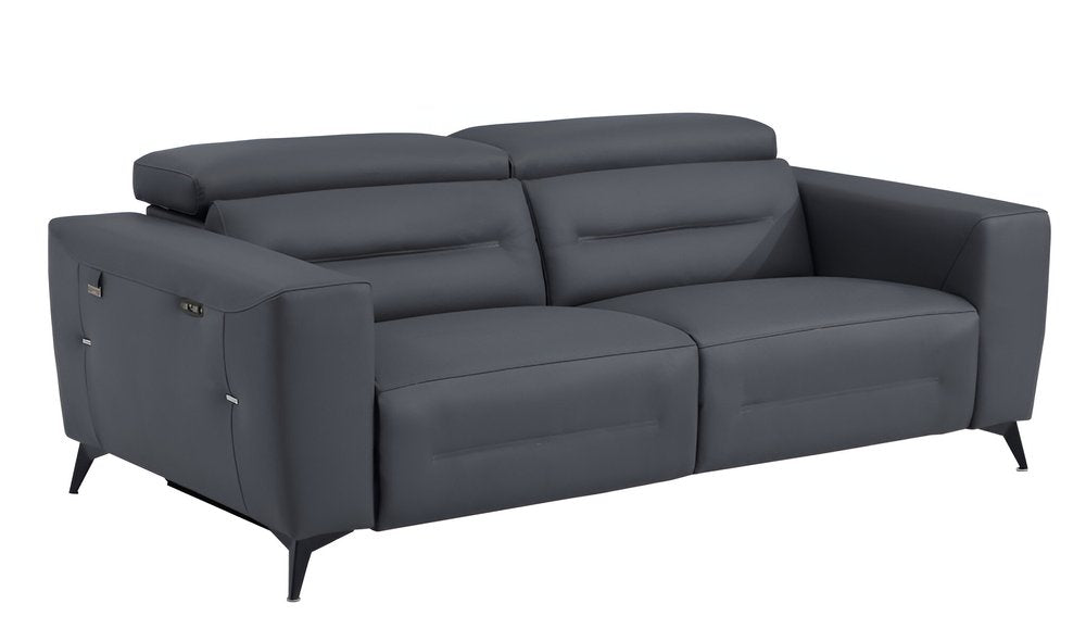 83" Beige Italian Leather USB Reclining Sofa With Silver Legs