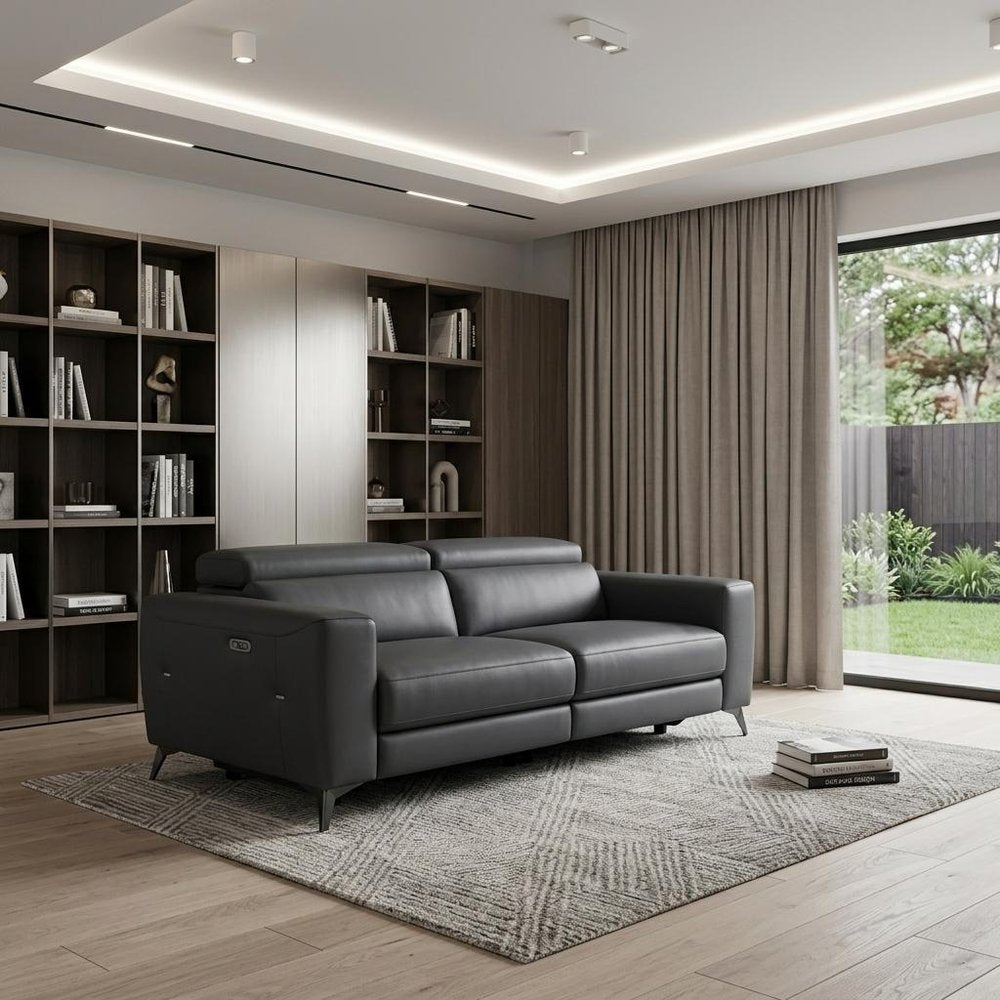 83" Beige Italian Leather USB Reclining Sofa With Silver Legs - SKU 482208 in a home interior