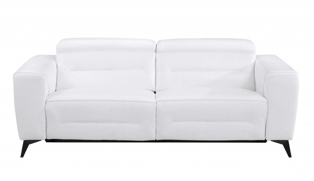 83" Beige Italian Leather USB Reclining Sofa With Silver Legs
