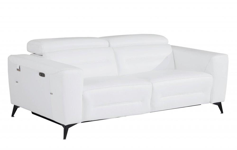 83" Beige Italian Leather USB Reclining Sofa With Silver Legs