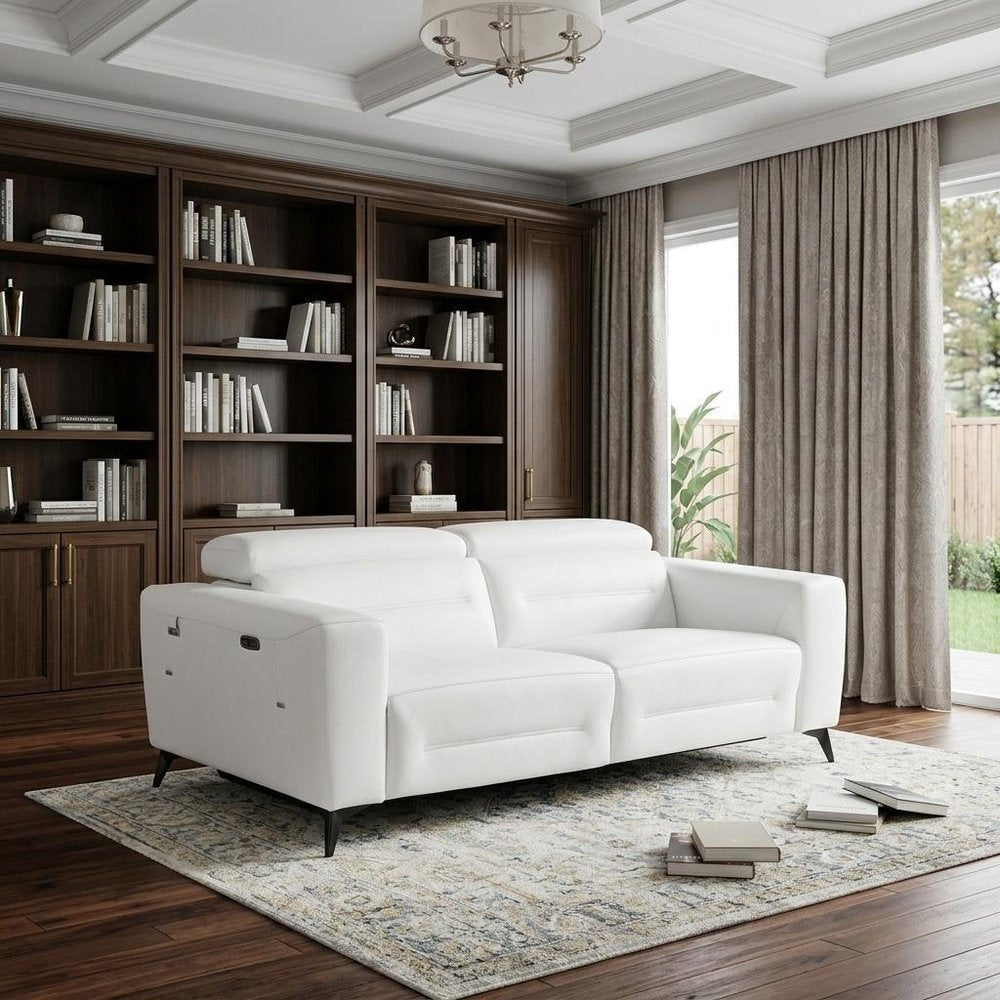 83" Beige Italian Leather USB Reclining Sofa With Silver Legs - SKU 482208 in a home interior