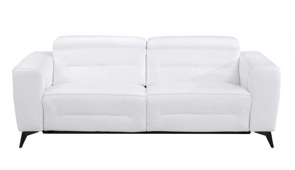 83" Beige Italian Leather USB Reclining Sofa With Silver Legs