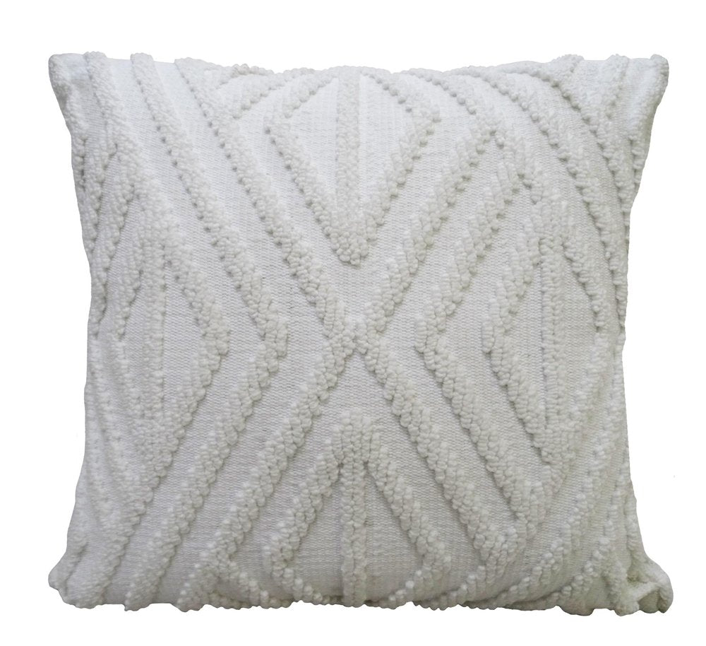 White tufted diamond pattern throw pillow on a white background.