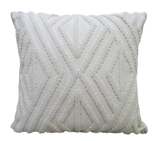 White tufted diamond pattern throw pillow on a white background.