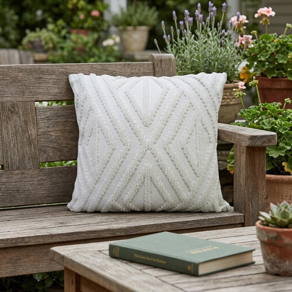 18" X 18" White Zippered Diamond Indoor Outdoor Throw Pillow shown outdoors on a patio with greenery.