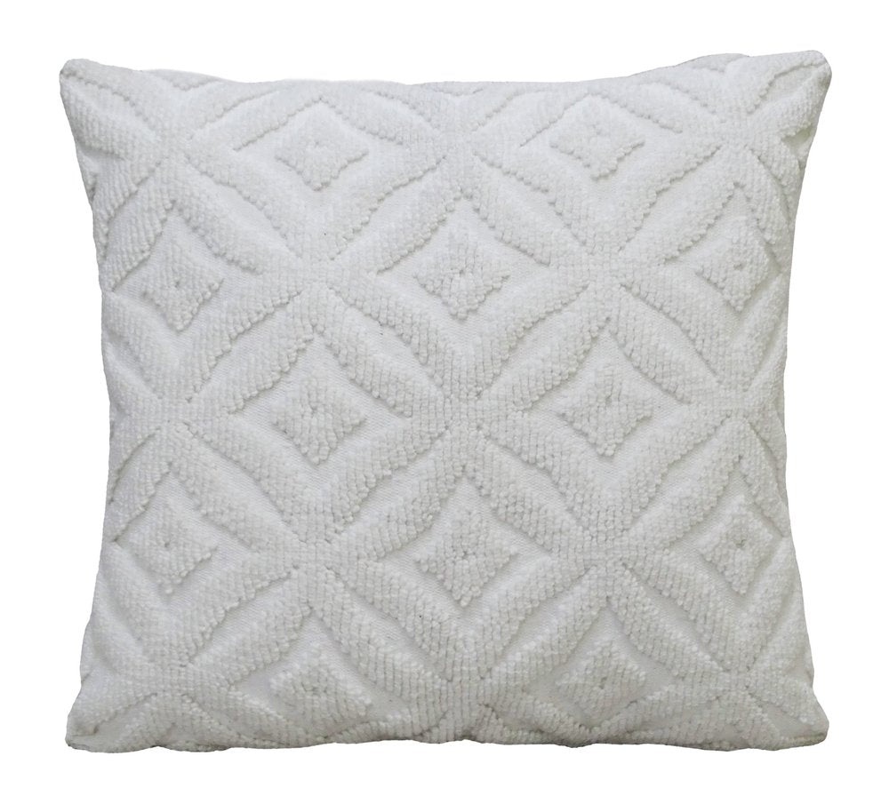 18"x18" White Indoor Outdoor Ogee Decorative Pillow. Outdoor pillow isolated on a plain white background, showing a white fabric surface.