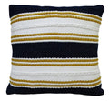 Square throw pillow with navy, white, and gold stripes in various woven textures on a white background.