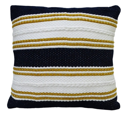 Square throw pillow with navy, white, and gold stripes in various woven textures on a white background.