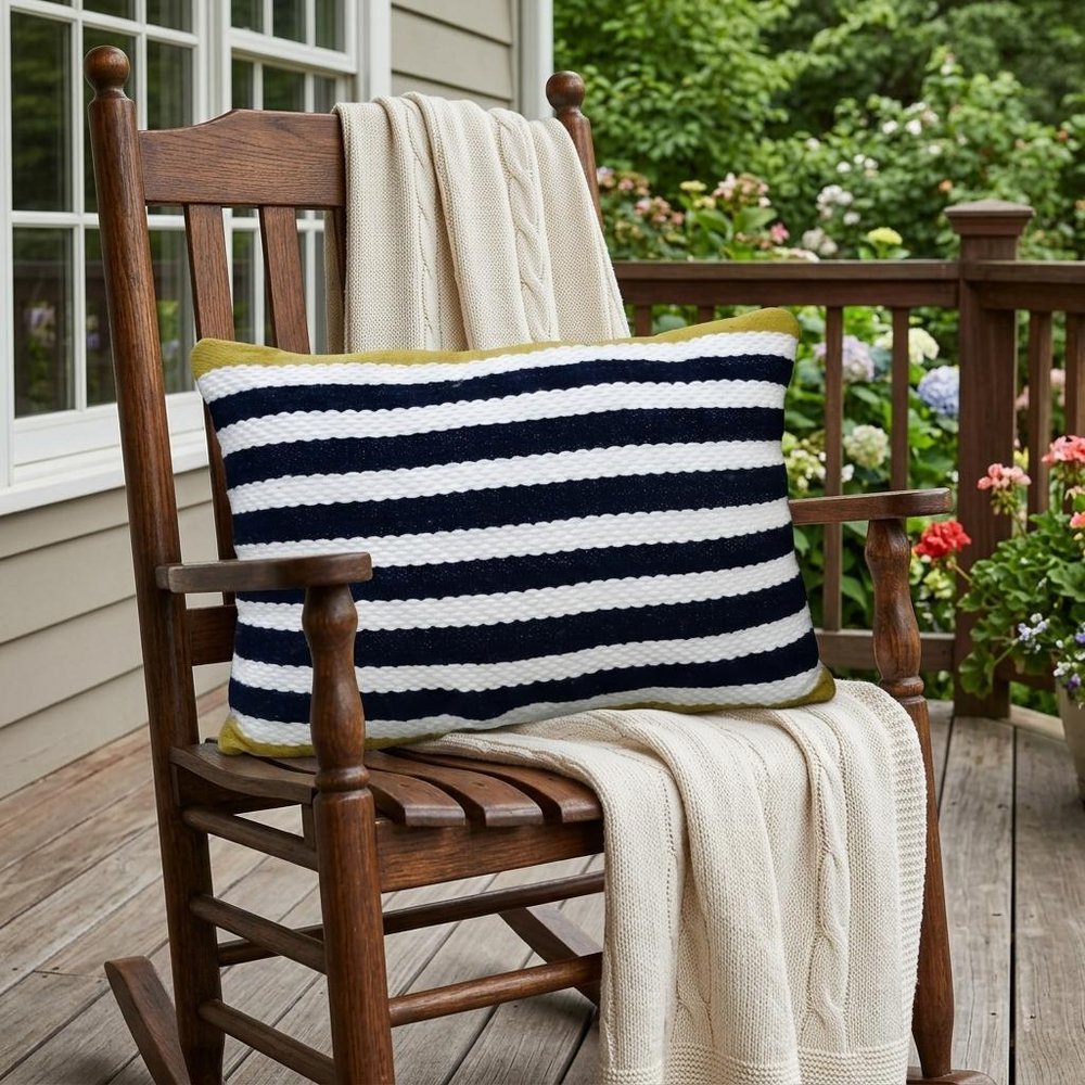 14" X 20" Black And Yellow Zippered Striped Indoor Outdoor Throw Pillow shown outdoors on a patio with greenery.