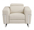 Beige Italian leather power recliner chair with chrome accents on a white background.