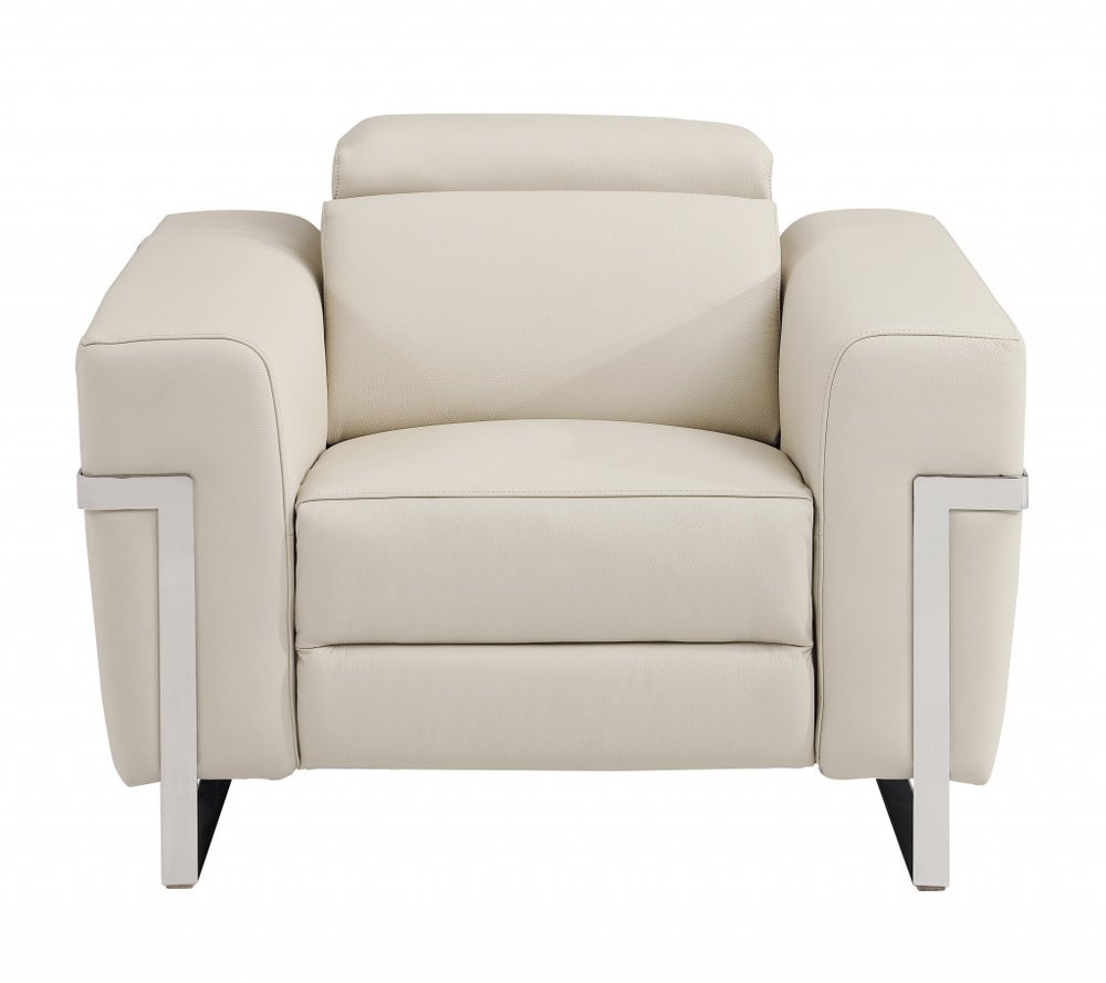 Beige Italian leather power recliner chair with chrome accents on a white background.