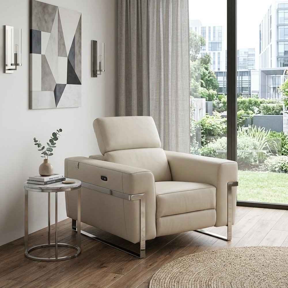 41" Beige Italian Leather Power Recliner Chair - SKU 482248. Recliner in beige leather.