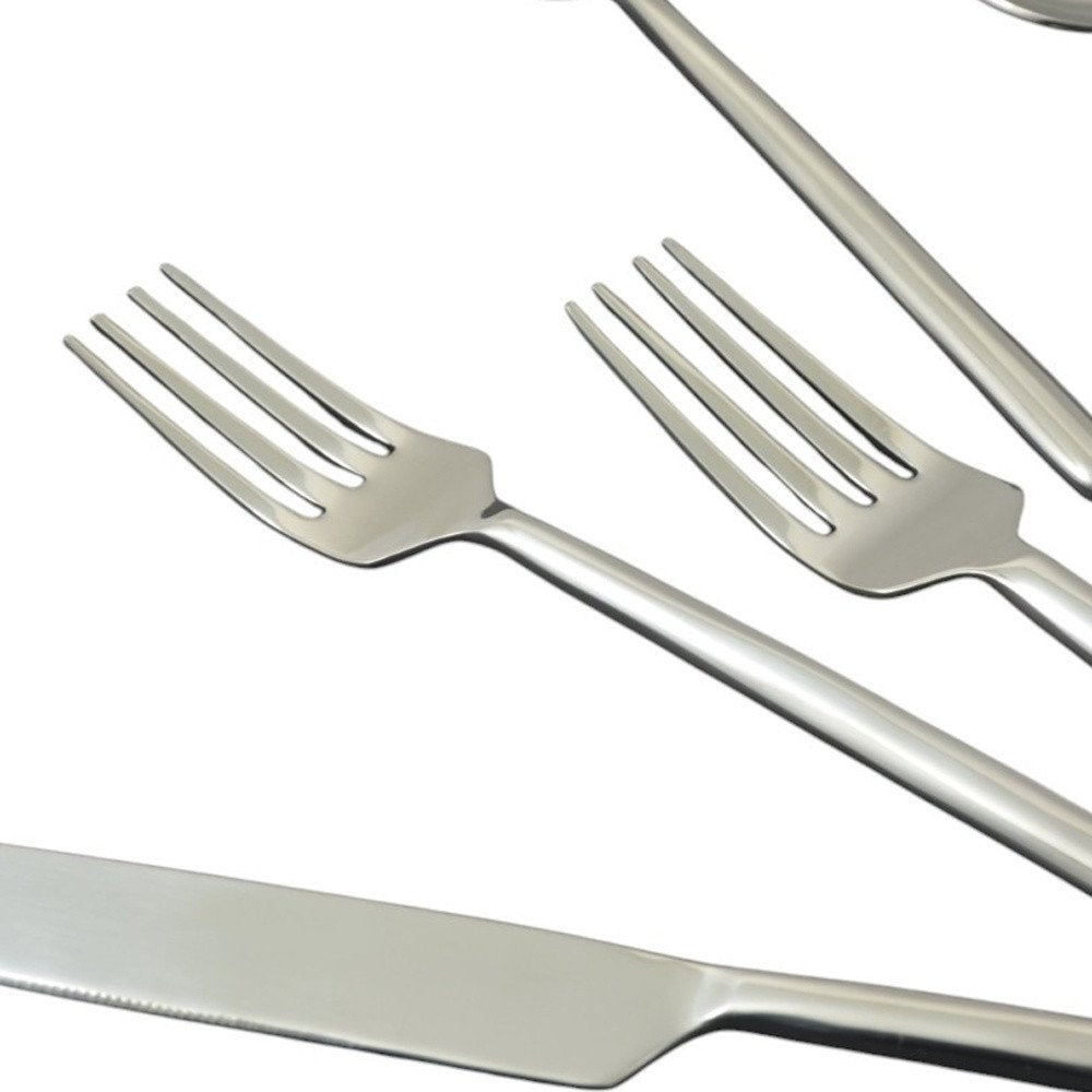 Glossy Silver Stainless Steel Twenty Piece Hand Forged Flatware Set on a white background