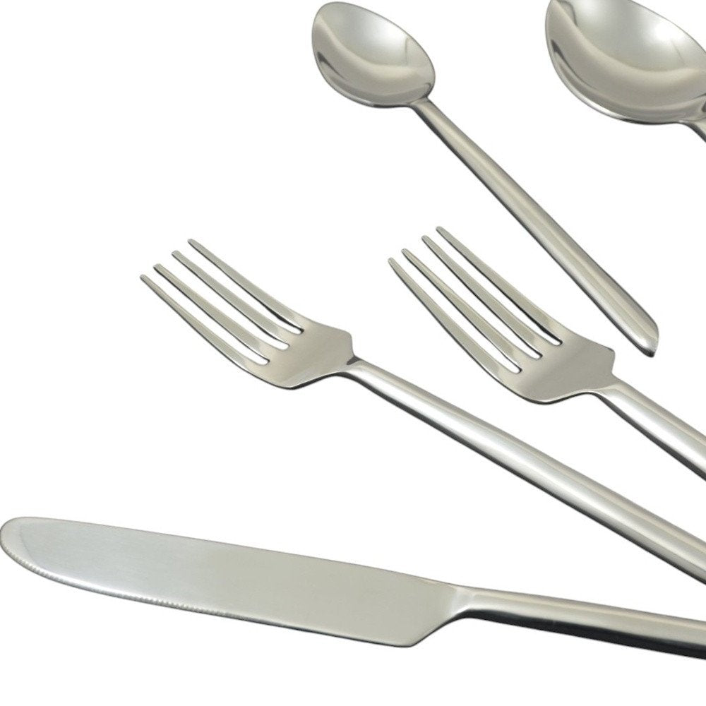 Glossy Silver Stainless Steel Twenty Piece Hand Forged Flatware Set on a white background