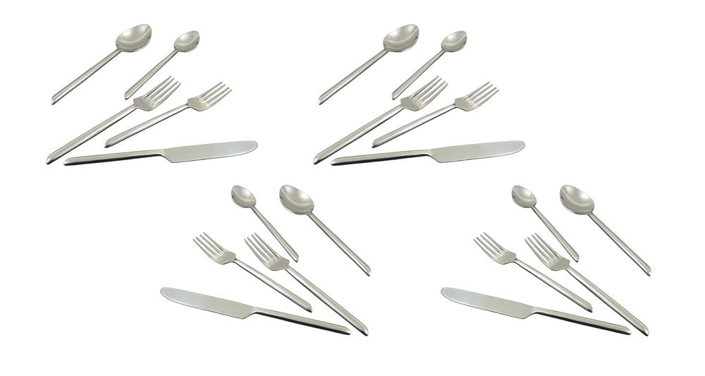 Glossy Silver Stainless Steel Twenty Piece Hand Forged Flatware Set on a white background