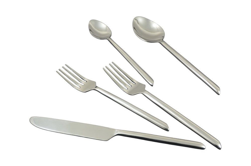 Glossy Silver Stainless Steel Twenty Piece Hand Forged Flatware Set on a white background