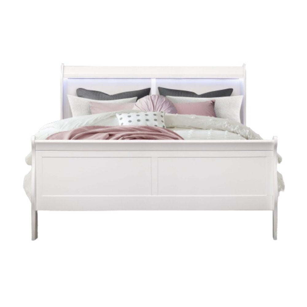 White Wood Lighted Full Bed Frame