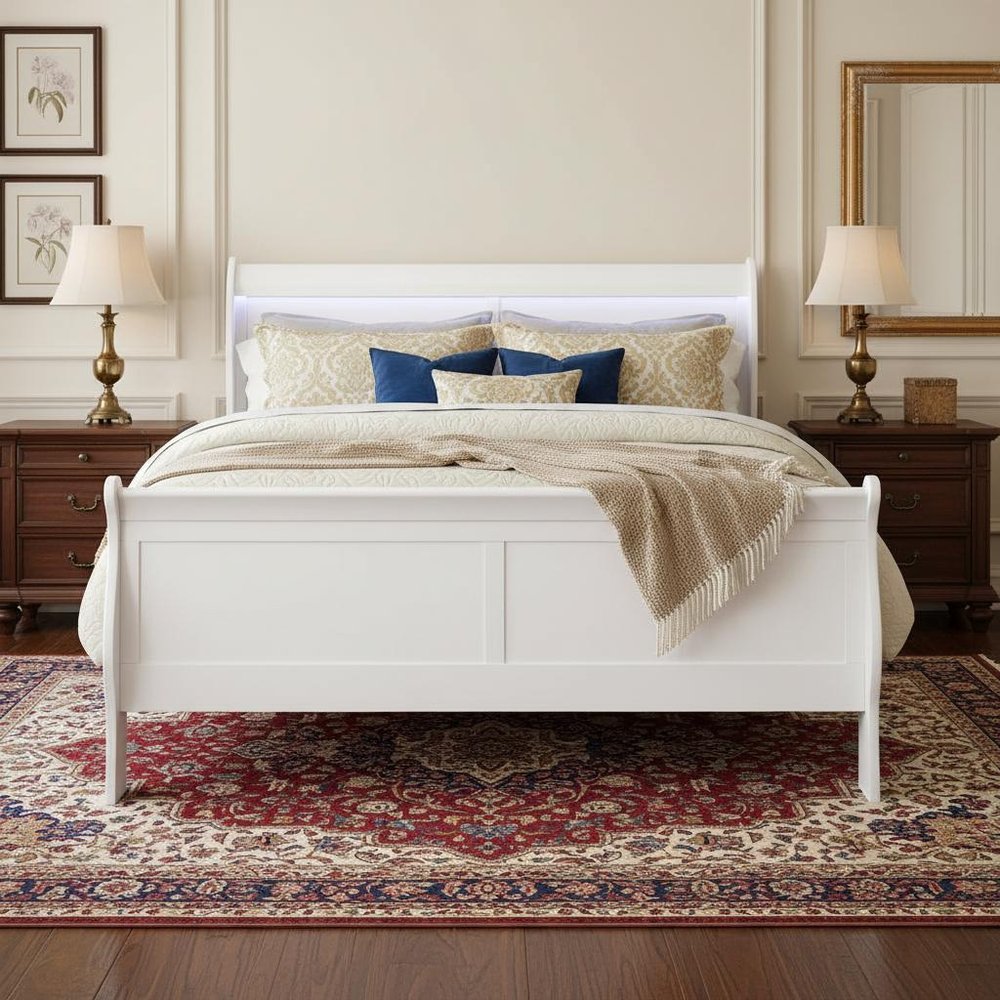White Wood Lighted Full Bed Frame