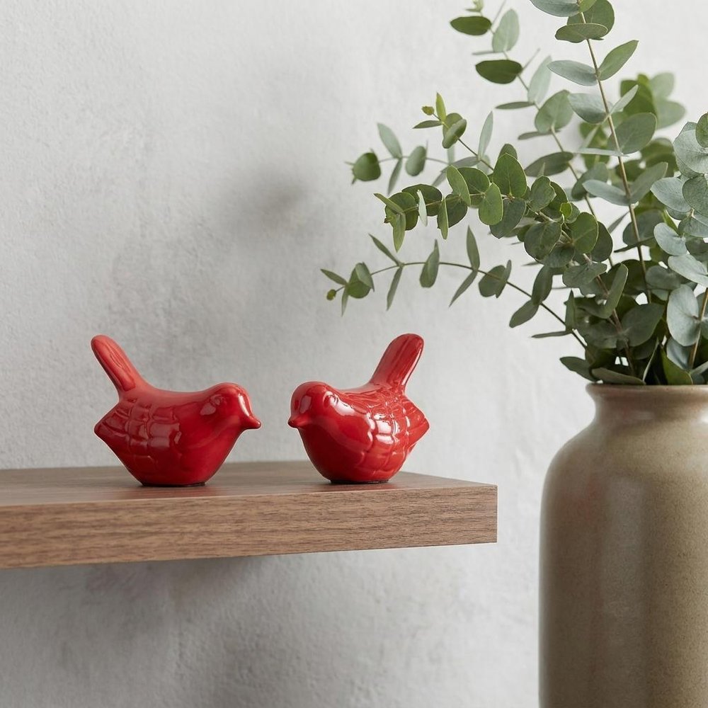 Set of Two Red Metal Bird Tabletop Sculpture