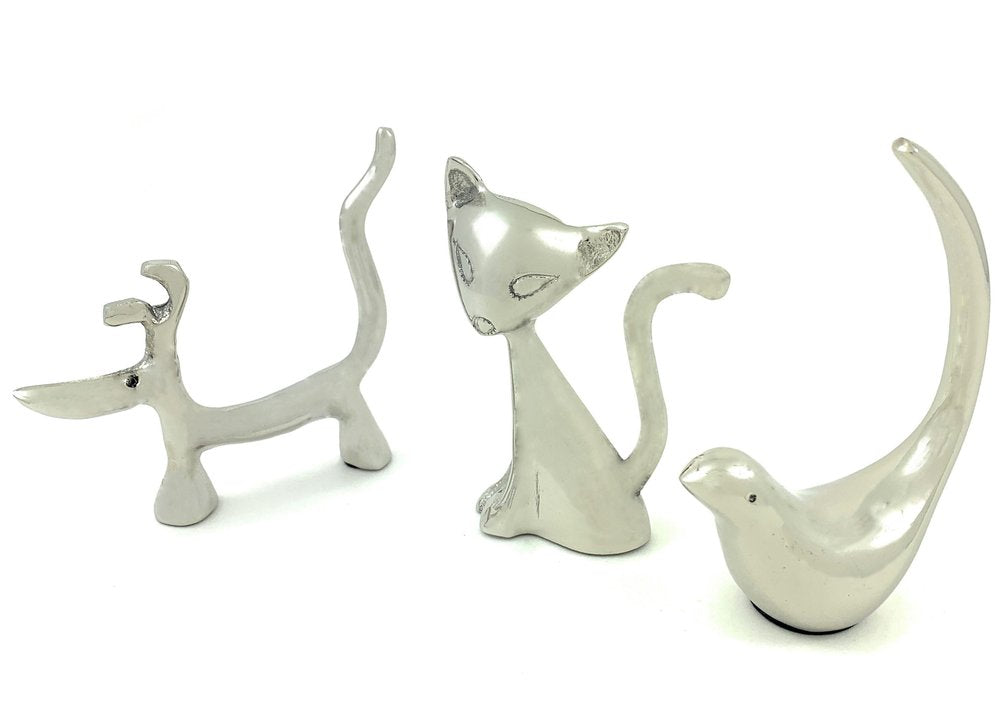 Set of Three Silver Metal Bird, Cat, Dog Tabletop Sculpture