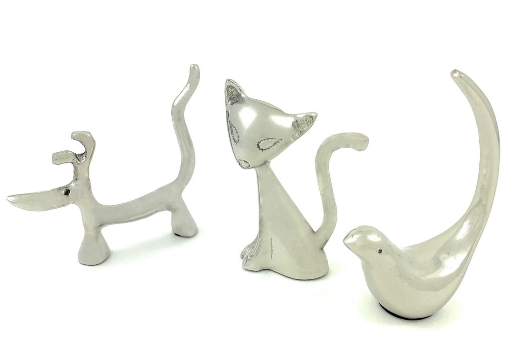 Set of Three Silver Metal Bird, Cat, Dog Tabletop Sculpture