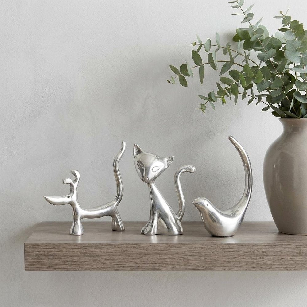 Set of Three Silver Metal Bird, Cat, Dog Tabletop Sculpture