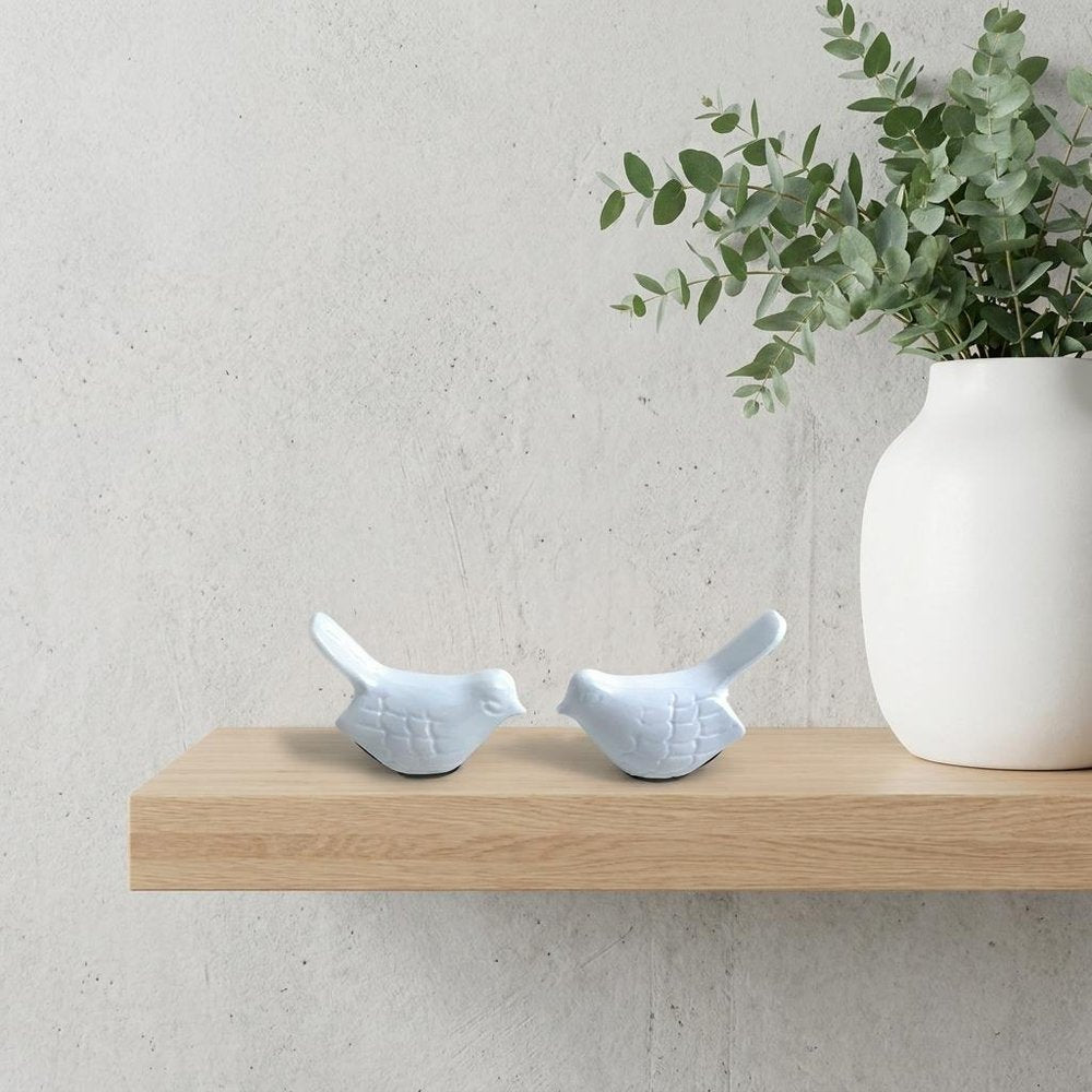 Set of Two White Metal Bird Tabletop Sculpture
