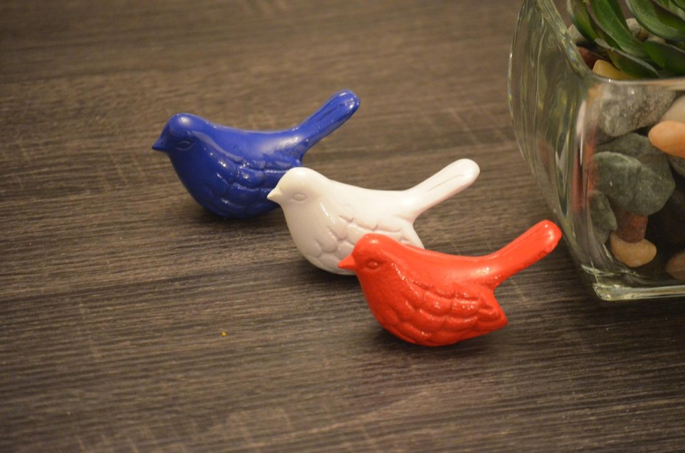 Set of Three Red White And Blue Metal Bird Tabletop Sculptures