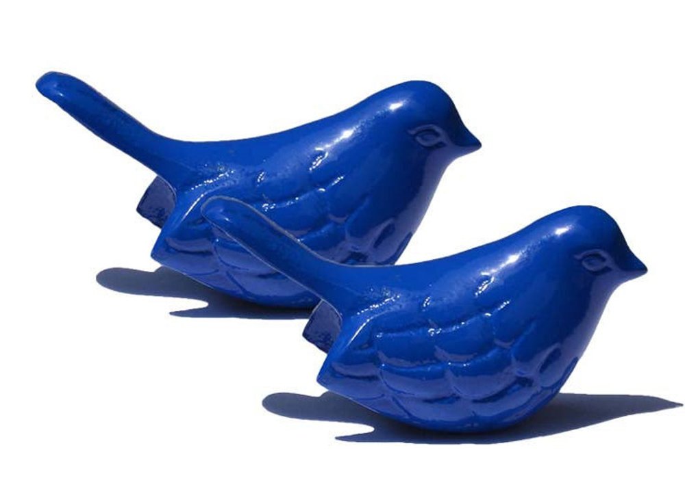 Set of Two Blue Metal Bird Tabletop Sculpture on a white background