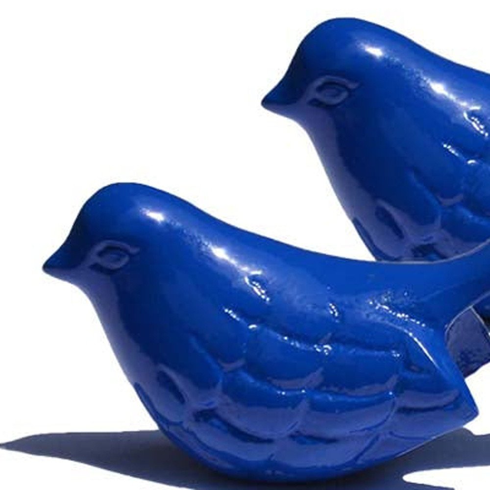 Set of Two Blue Metal Bird Tabletop Sculpture on a white background