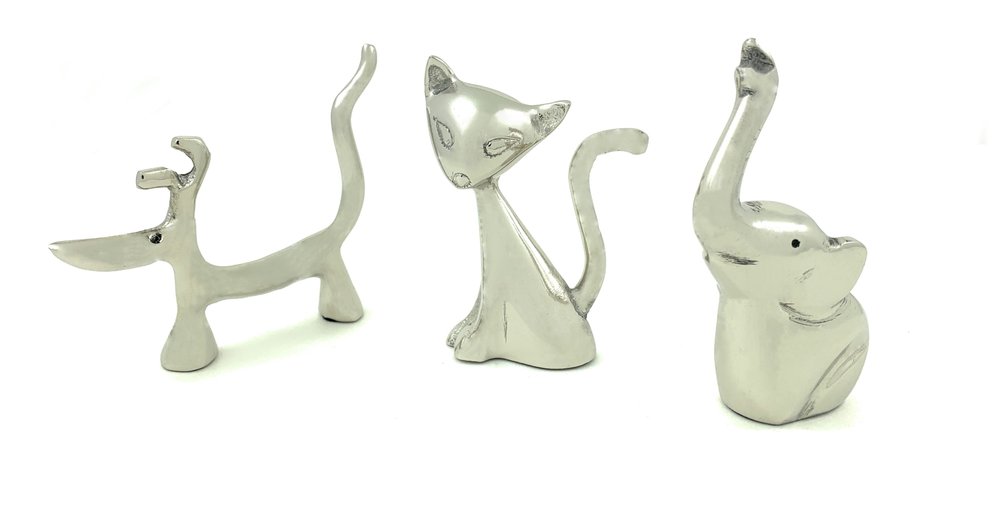 Set of Three Silver Metal Cat, Dog, Elephant Tabletop Sculpture