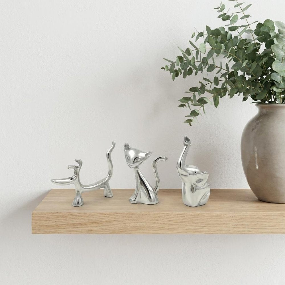 Set of Three Silver Metal Cat, Dog, Elephant Tabletop Sculpture