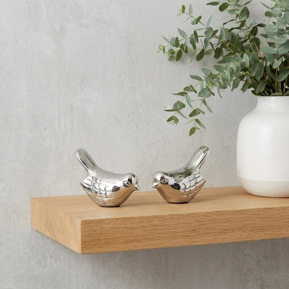 Set of Two Silver Metal Bird Tabletop Sculpture