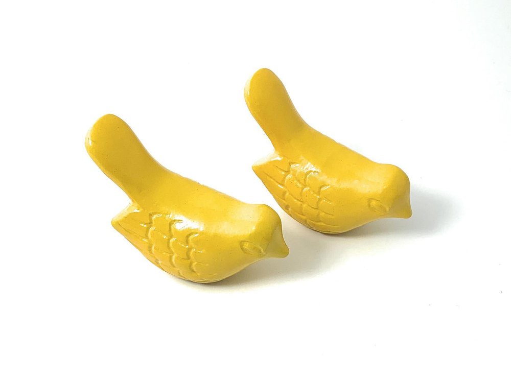 Set of Two Yellow Metal Bird Tabletop Sculpture