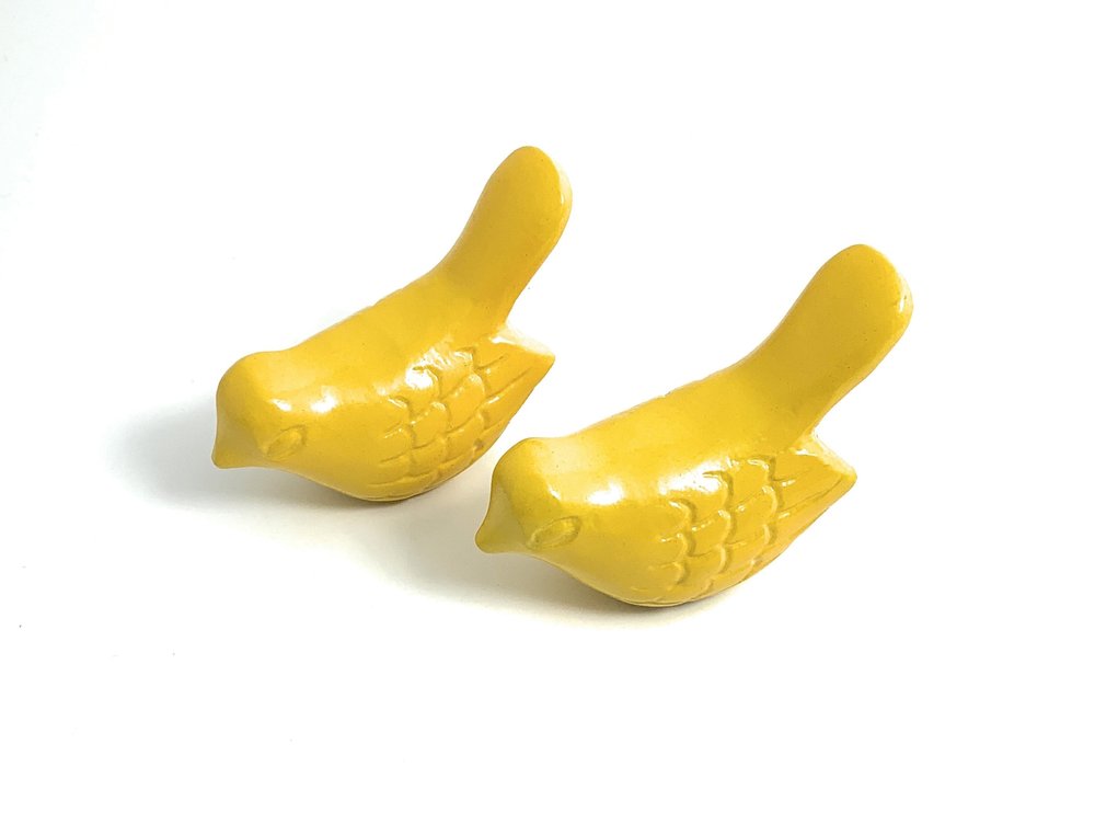 Set of Two Yellow Metal Bird Tabletop Sculpture