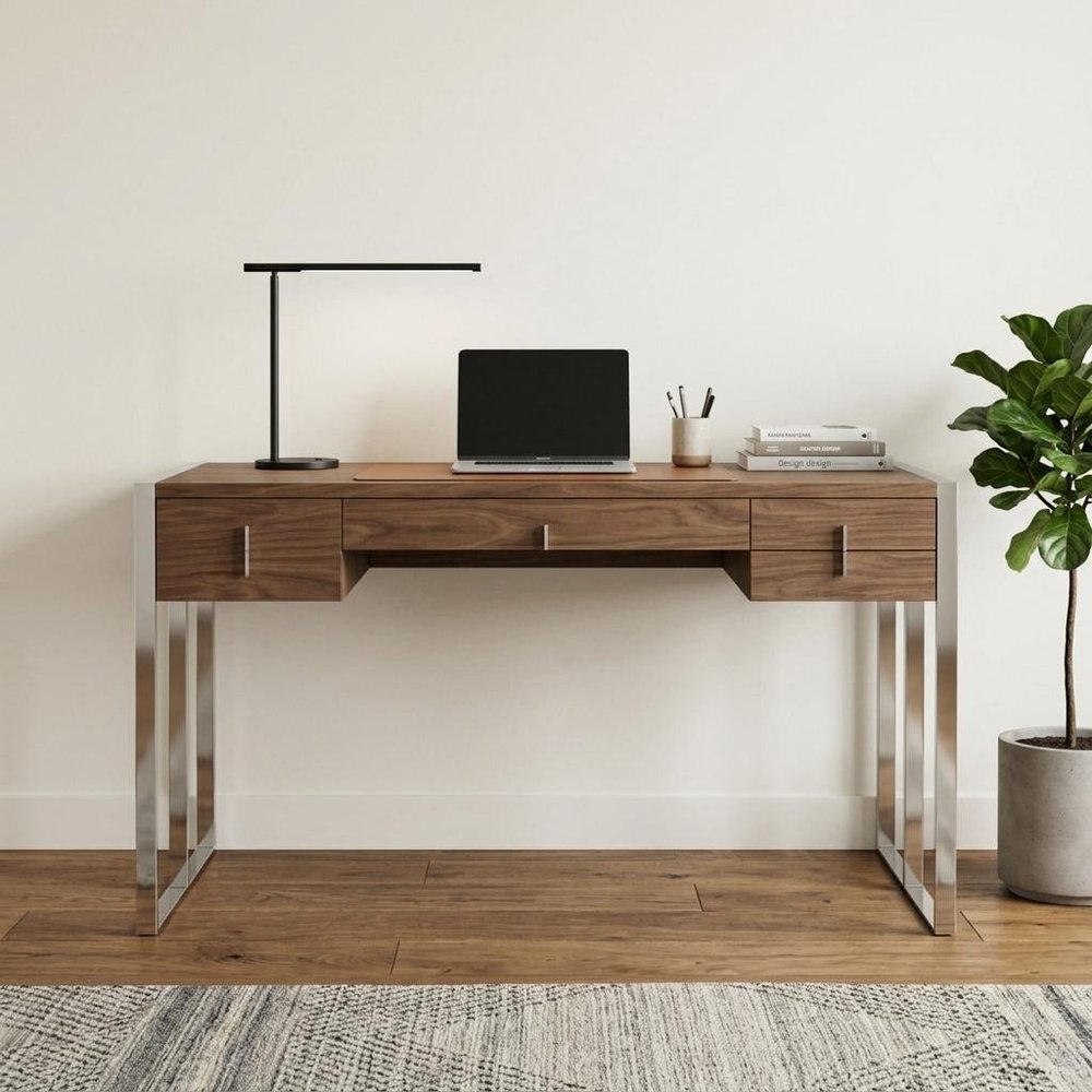 62" Brown and Silver Writing Desk With Four Drawers