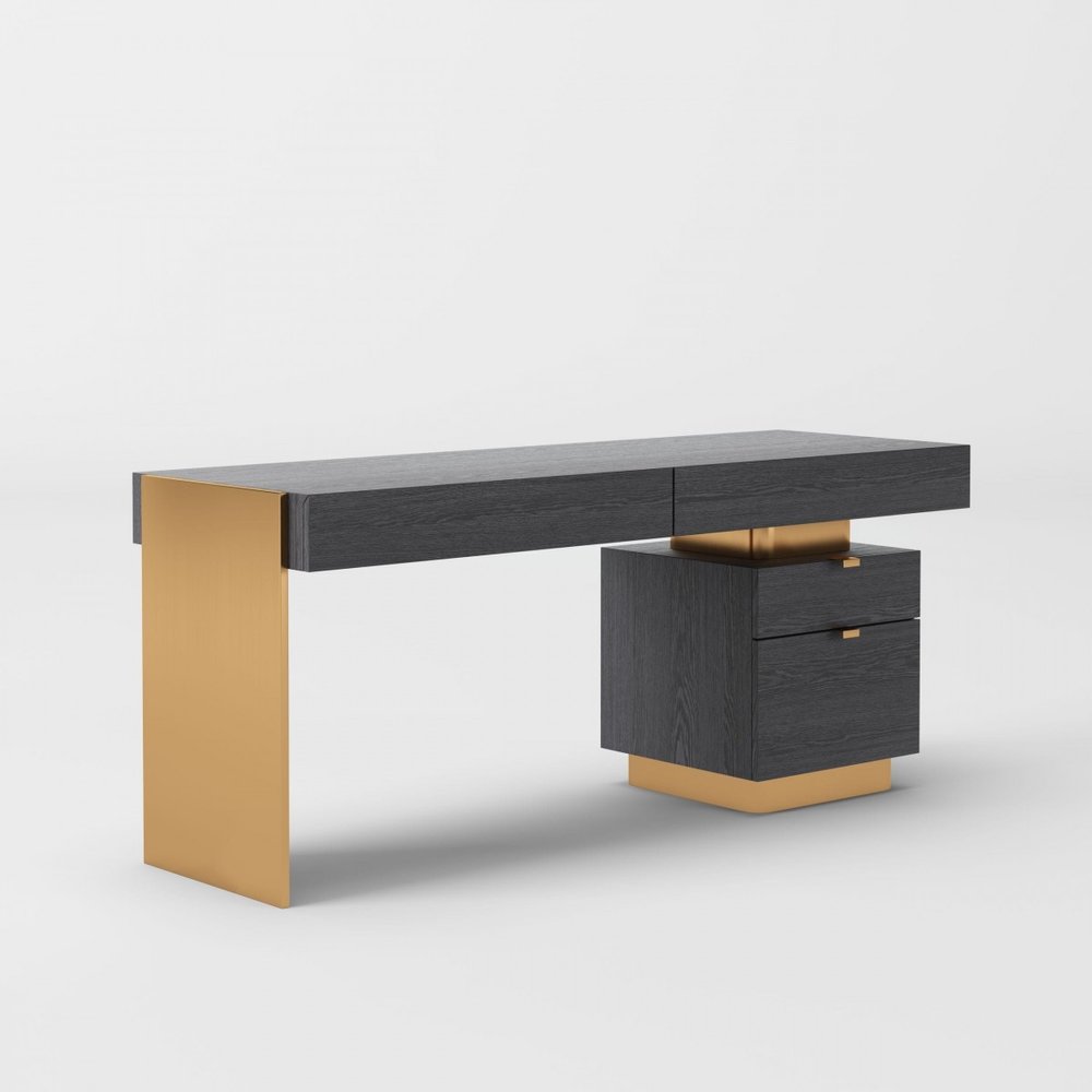 63" Gray and Gold Writing Desk With Four Drawers. Desk isolated on a plain white background, showing its gold color.
