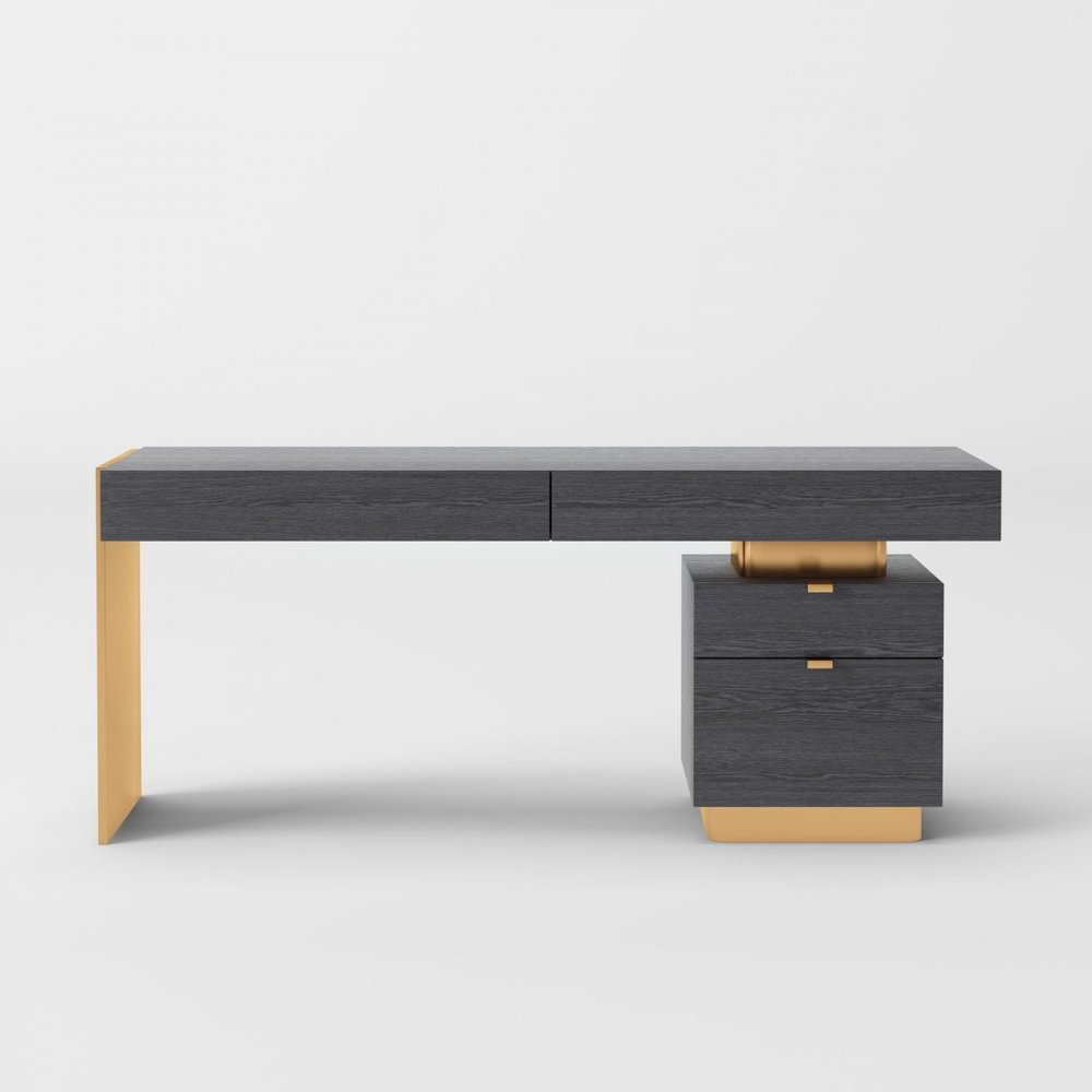 63" Gray and Gold Writing Desk With Four Drawers. Desk isolated on a plain white background, in a gray finish.