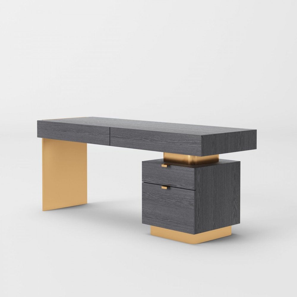 63" Gray and Gold Writing Desk With Four Drawers. Desk isolated on a plain white background, showing its gray color.