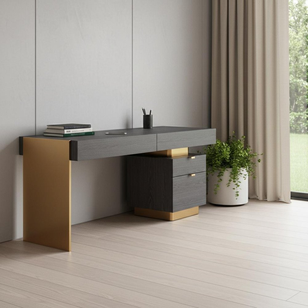 63" Gray and Gold Writing Desk With Four Drawers. Desk isolated on a plain white background, in a gold finish.