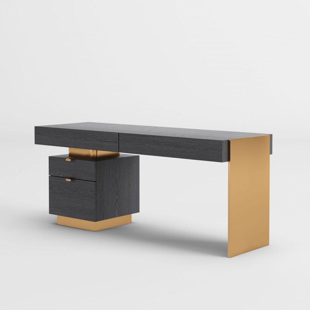 63" Gray and Gold Writing Desk With Four Drawers. Desk isolated on a plain white background, in a gold finish.