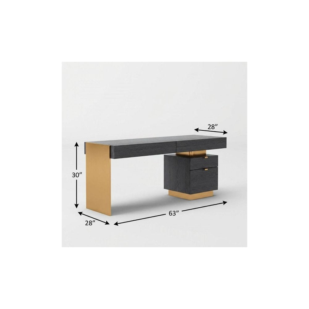 63" Gray and Gold Writing Desk With Four Drawers. Desk isolated on a plain white background, finished in gold.